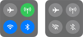 Kontrollcenter. Vänstra halvan Mobildata på. Högra halvan mobildata av.