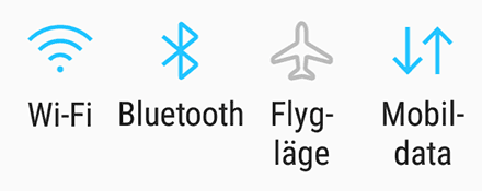 Symboler för wifi, bluetooth, flygläge och mobildata.