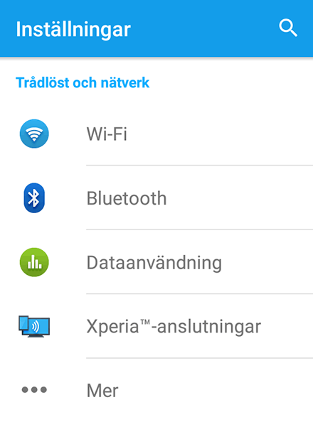 Symboler för wifi, bluetooth, flygläge och mobildata.
