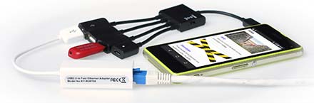 Mobiltelefon med otg-kabel, usb-minne och ethernet-adapter.